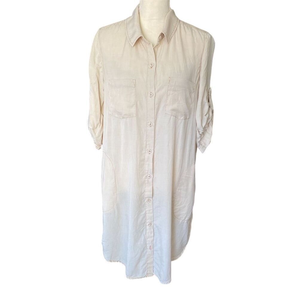 Cloth & Stone Women's Beige Shirt Dress M Knee Length 3/4 Sleeve Safari